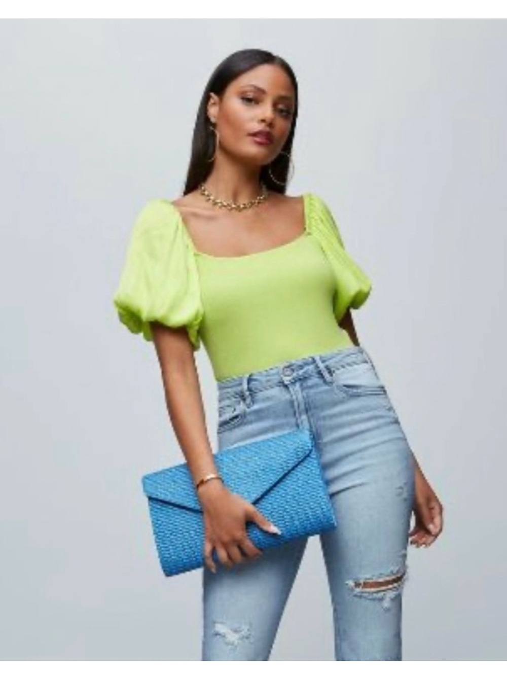 New | Vici Collection Lime Puff Sleeve Square Neck Women's Top ~ XL